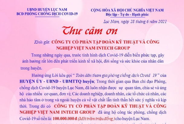 huyen uy luc nam  bac giang  gui thu cam on intech group ung ho kinh phi phong chong dich covid 19